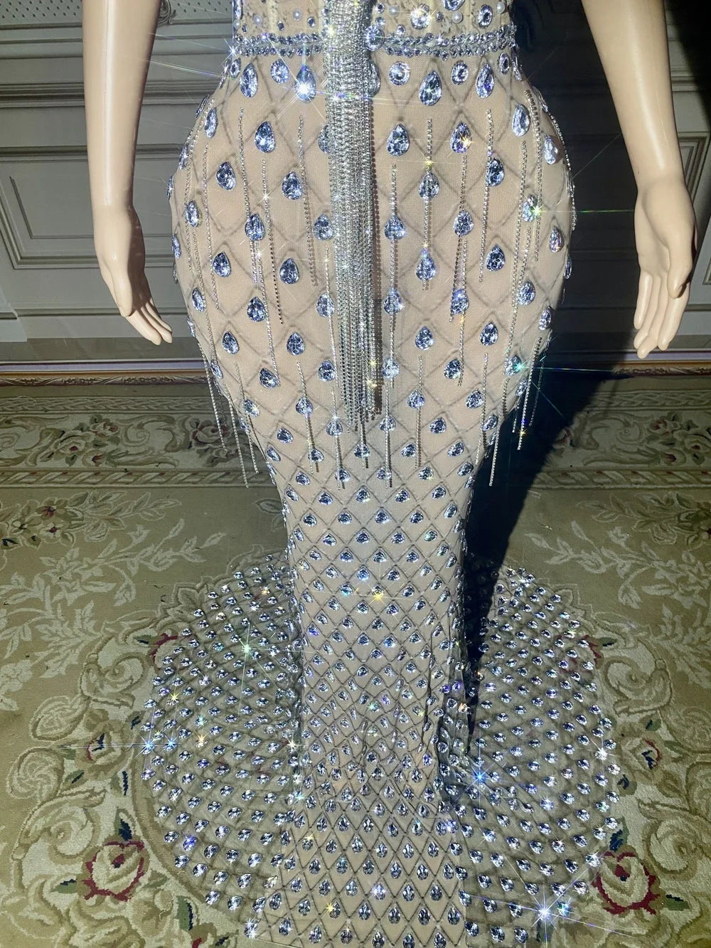 Women Sexy Mesh Photo Shoot Wear Luxurious Crystals Rhinestones Chains Evening Prom Celebrate Birthday Floor-length Dress