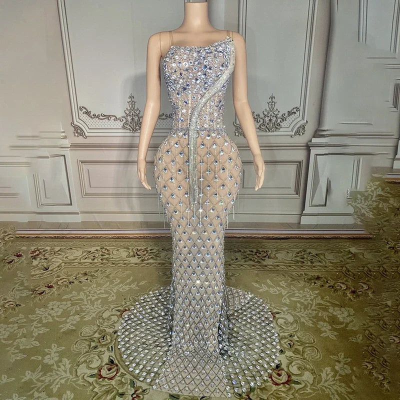 Women Sexy Mesh Photo Shoot Wear Luxurious Crystals Rhinestones Chains Evening Prom Celebrate Birthday Floor-length Dress