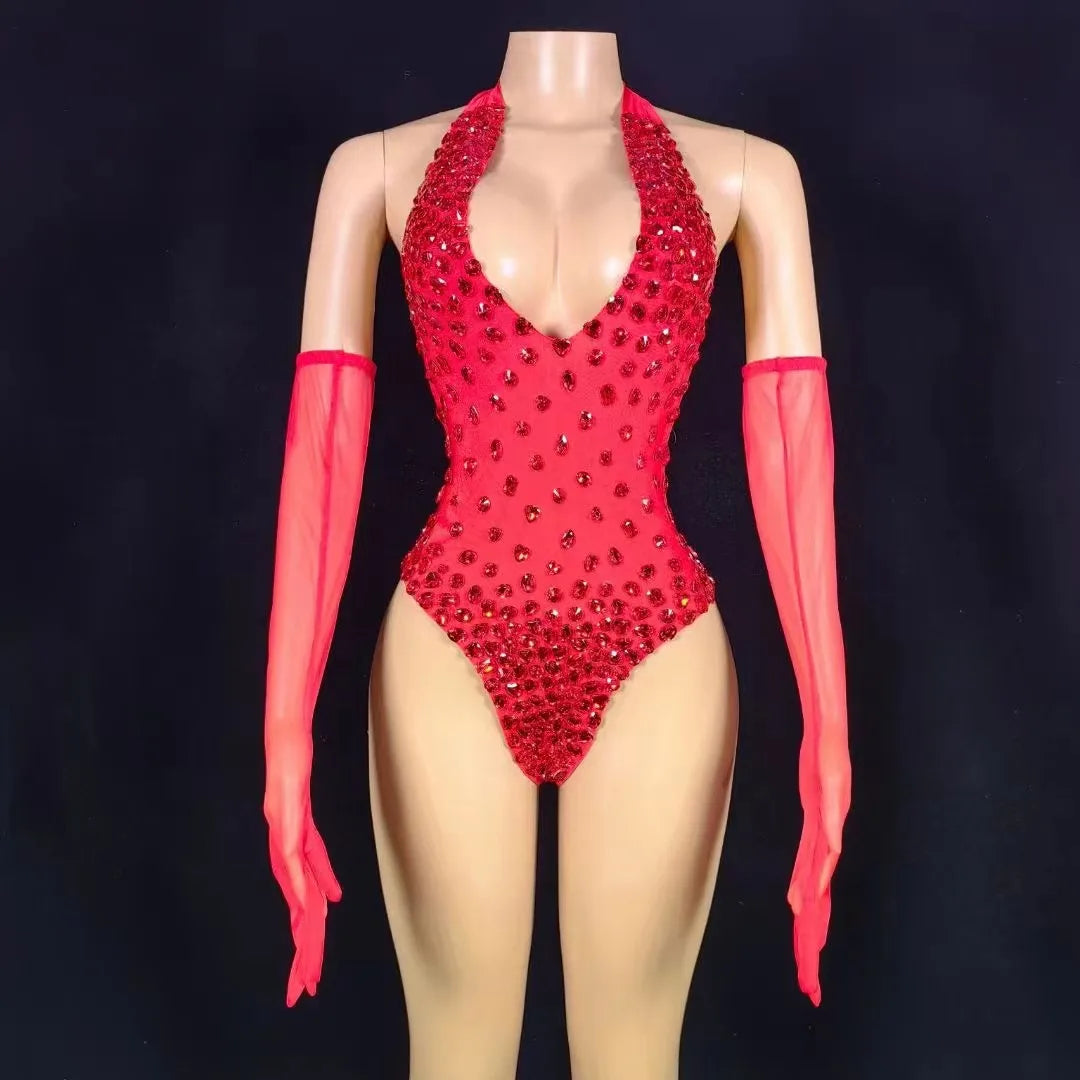 Women Sexy Sparkly Backless Red Rhinestone Bodysuit Pole Dance Club Night Performance Stage Wear With Gloves Drag Queen Costume