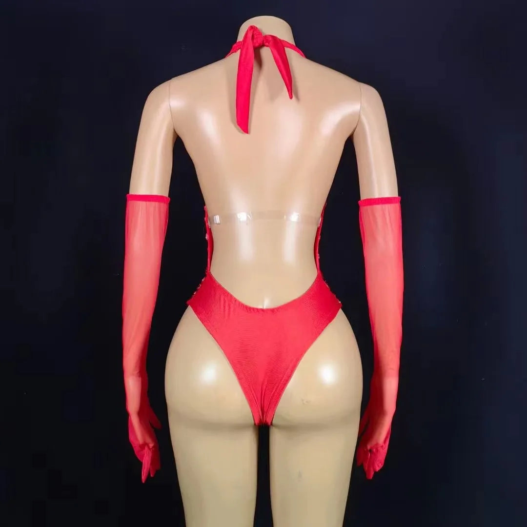 Women Sexy Sparkly Backless Red Rhinestone Bodysuit Pole Dance Club Night Performance Stage Wear With Gloves Drag Queen Costume