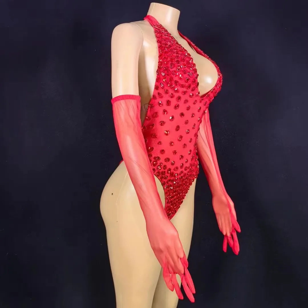 Women Sexy Sparkly Backless Red Rhinestone Bodysuit Pole Dance Club Night Performance Stage Wear With Gloves Drag Queen Costume