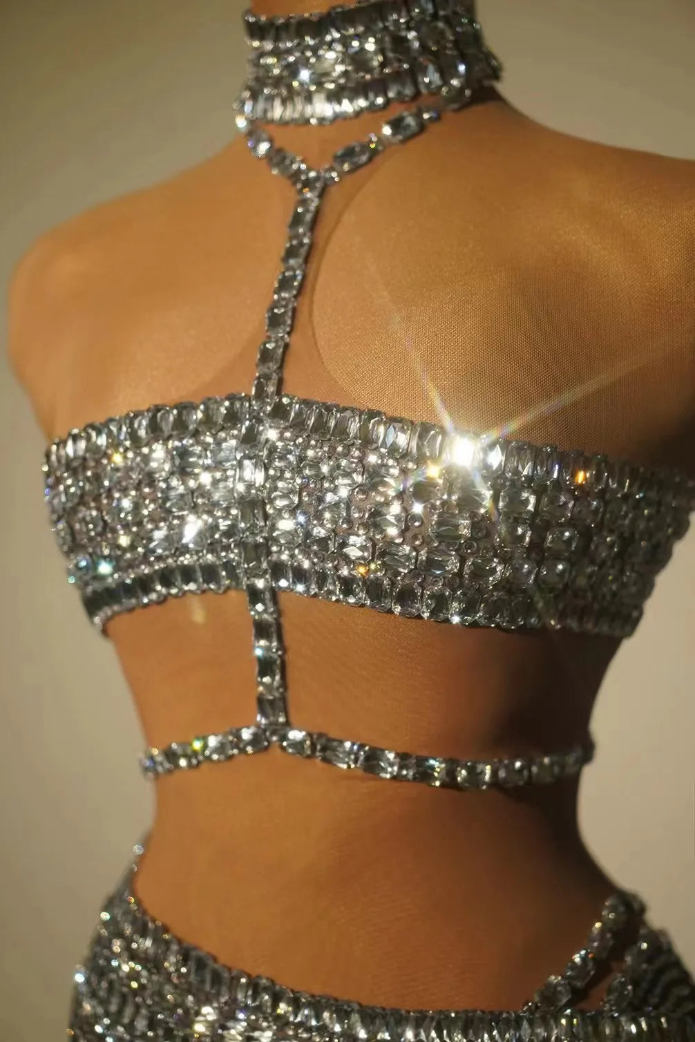 Women Sexy Sparkly Rhinestones Short  Mesh Dress Celebrate Prom Gown Birthday Party Dress Performance Stage Wear