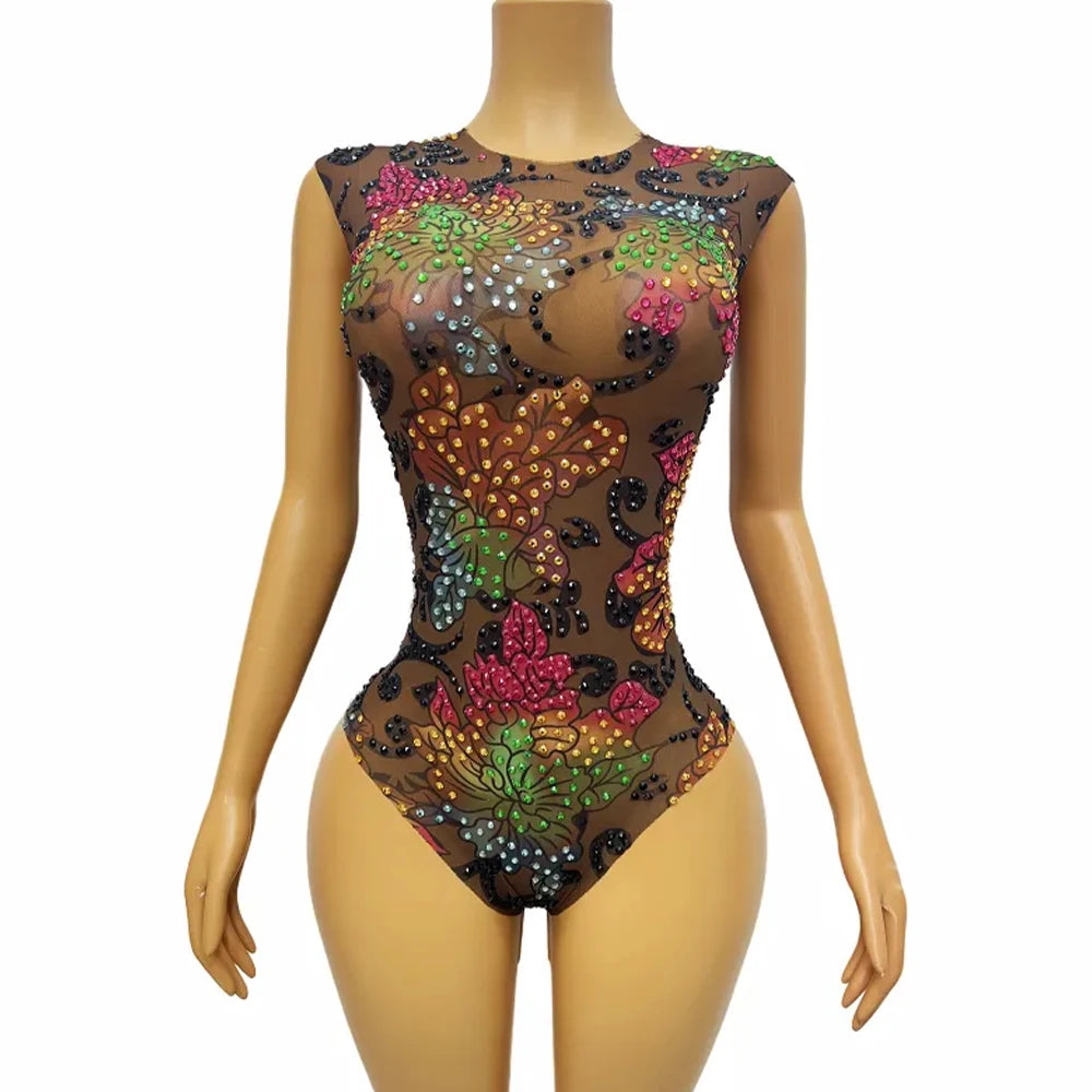 Women Sexy Stage Colorful Rhinestones Flowers Brown Mesh Bodysuit Birthday Celebrate Performance Costume Photoshoot Leotard