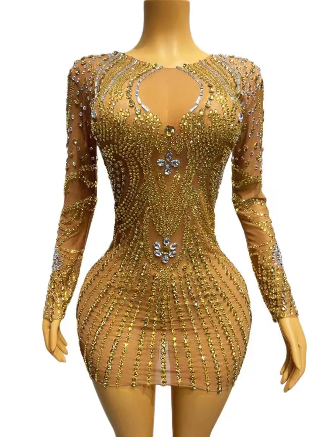 Women Sexy Stage Flashing Gold Rhinestones Birthday Celebrate Evening Club Costume Long Sleeves Dance Photo Shoot Outfit