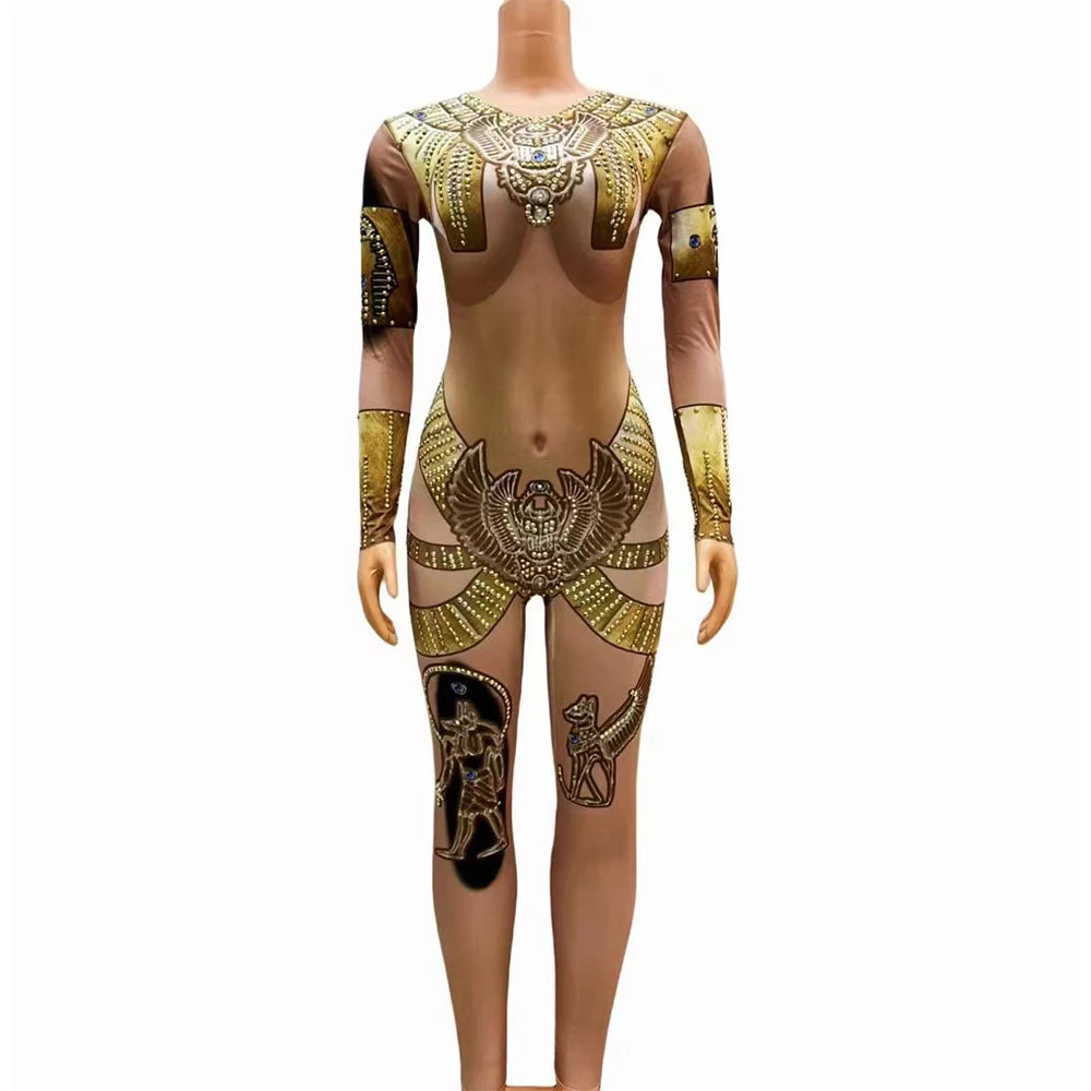 Women Sexy Stage Nude Skin Gold Print Rhinestone Jumpsuit Birthday Performance Leotard Dance Costume Party Show Stage Wear