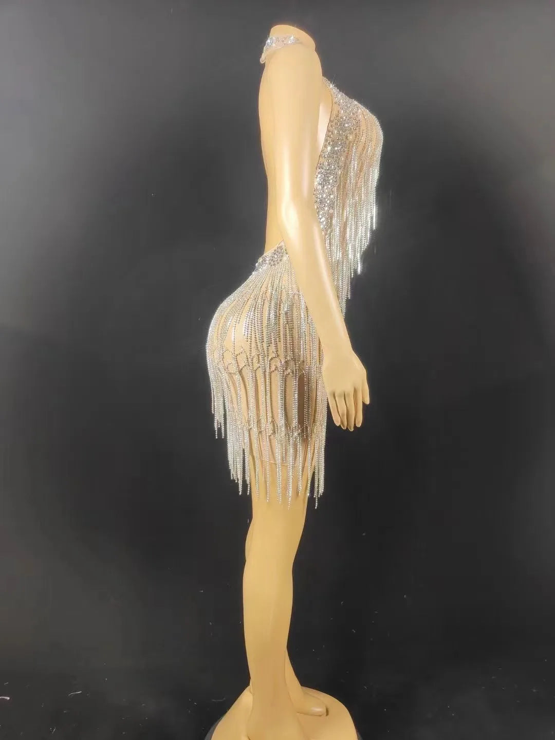 Women Sexy Stage Rhinestones Chain Fringes Short Dresses Silver Crystals Singer Stage Wear Evening Party Wedding Birthday Dress