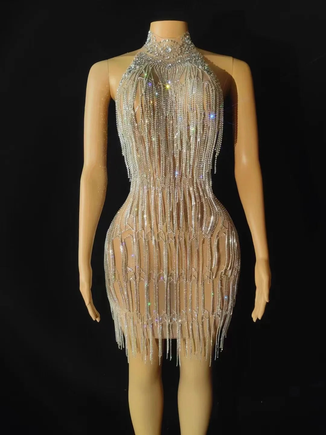 Women Sexy Stage Rhinestones Chain Fringes Short Dresses Silver Crystals Singer Stage Wear Evening Party Wedding Birthday Dress