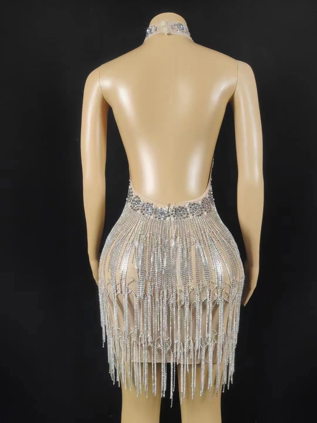 Women Sexy Stage Rhinestones Chain Fringes Short Dresses Silver Crystals Singer Stage Wear Evening Party Wedding Birthday Dress