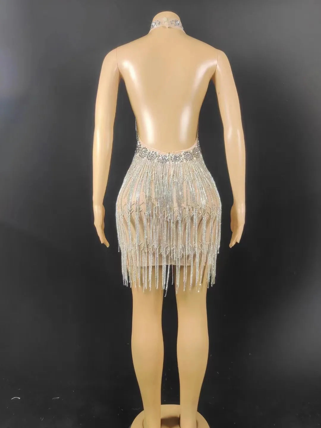 Women Sexy Stage Rhinestones Chain Fringes Short Dresses Silver Crystals Singer Stage Wear Evening Party Wedding Birthday Dress