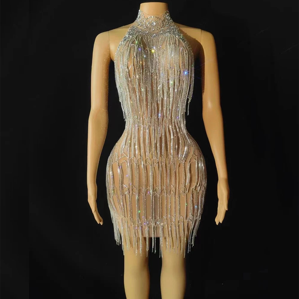 Women Sexy Stage Rhinestones Chain Fringes Short Dresses Silver Crystals Singer Stage Wear Evening Party Wedding Birthday Dress