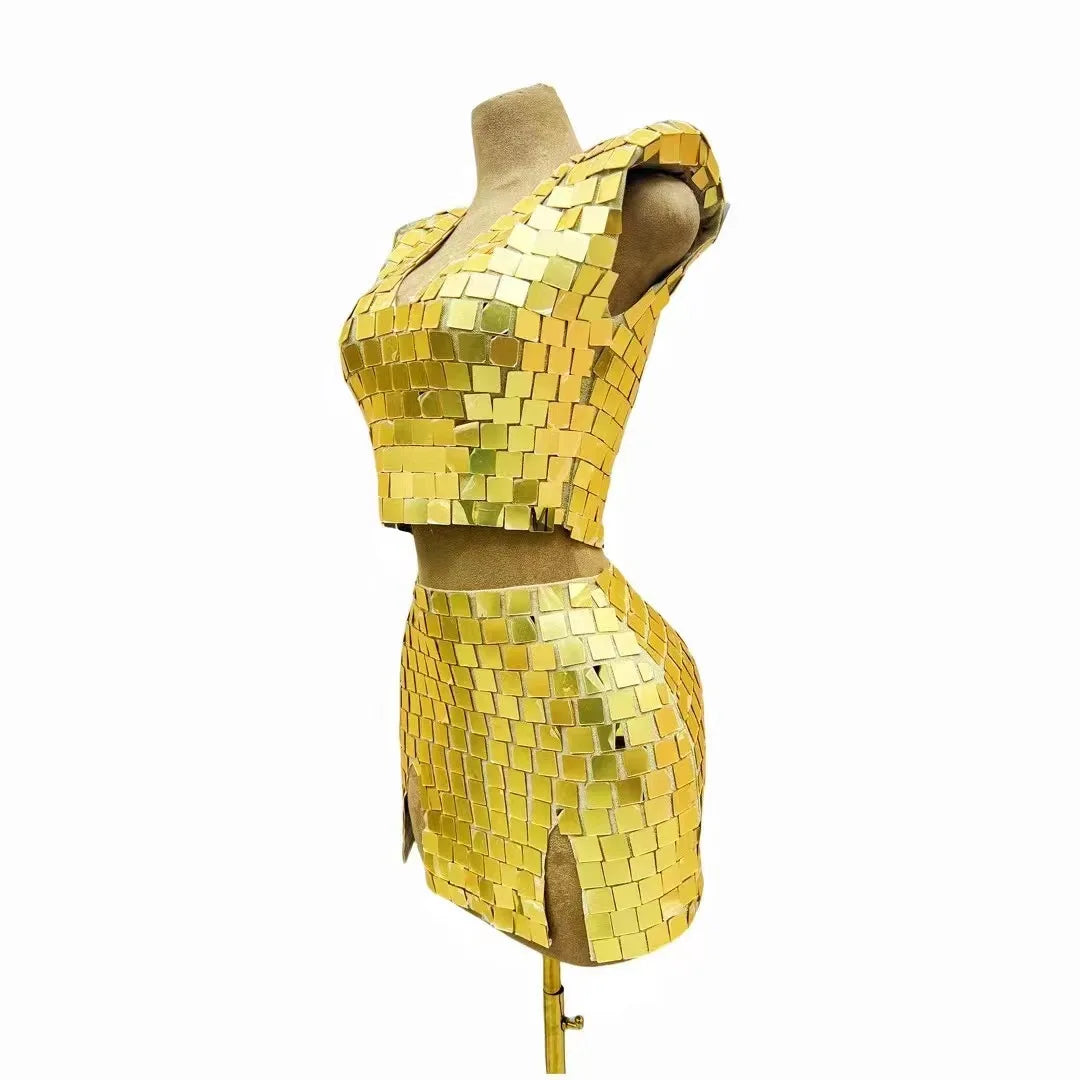 Women Sexy Stage Silver Gold Mirrors Mini 2 Pieces Set Birthday Evening Celebrate Dance Top Skirt Prom Party Collections