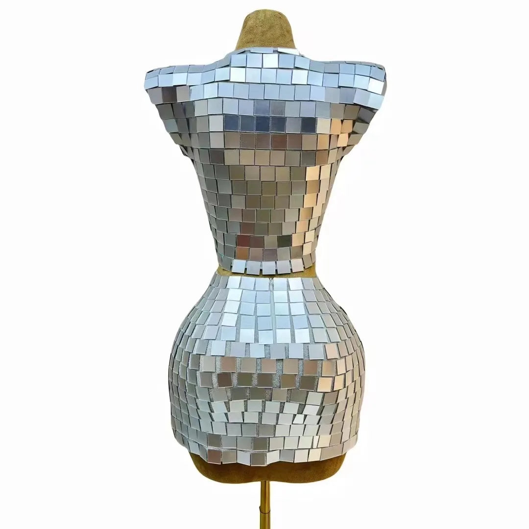 Women Sexy Stage Silver Gold Mirrors Mini 2 Pieces Set Birthday Evening Celebrate Dance Top Skirt Prom Party Collections