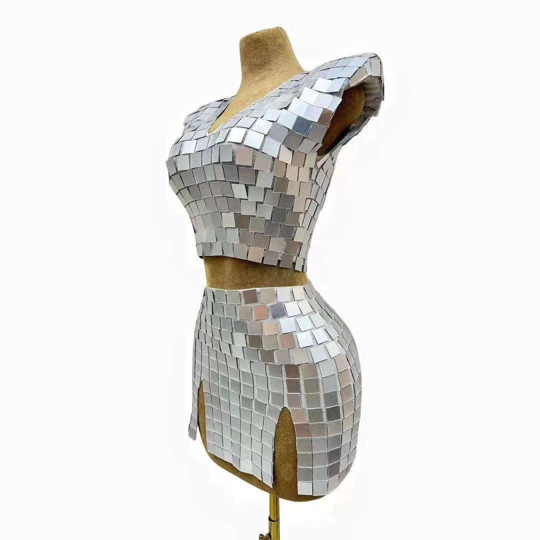 Women Sexy Stage Silver Gold Mirrors Mini 2 Pieces Set Birthday Evening Celebrate Dance Top Skirt Prom Party Collections