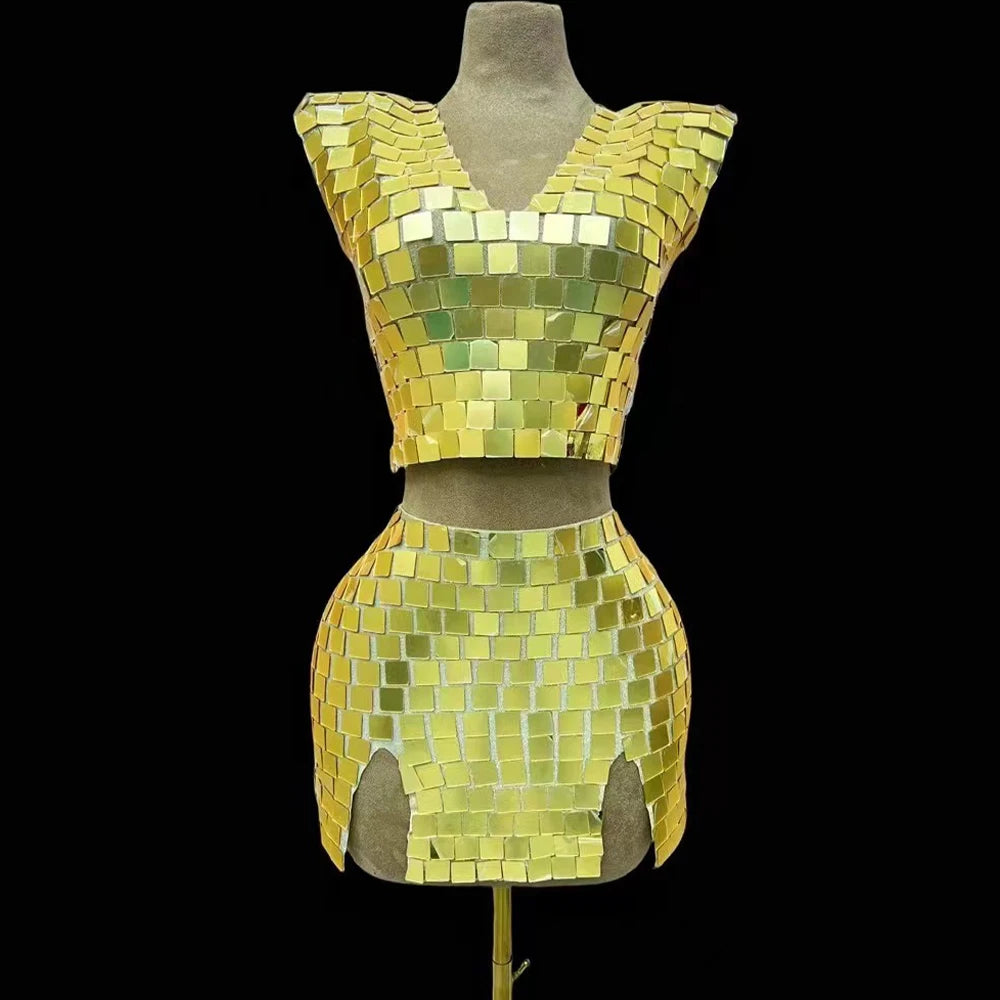 Women Sexy Stage Silver Gold Mirrors Mini 2 Pieces Set Birthday Evening Celebrate Dance Top Skirt Prom Party Collections