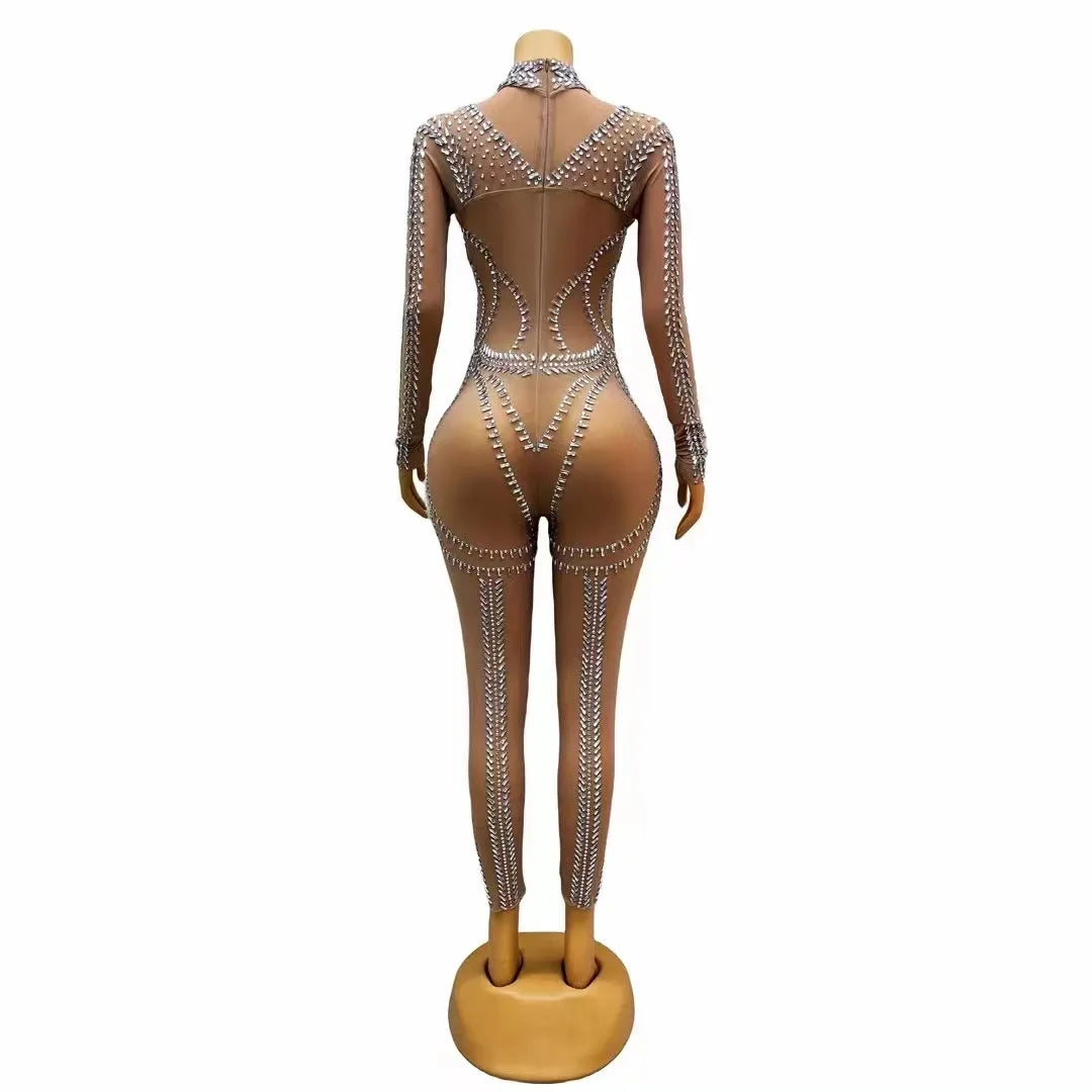 Women Sexy Stage Silver Rhinestones Transparent Jumpsuit Birthday Celebrate Dance Outfit Prom Female Singer Photo Shoot Costume