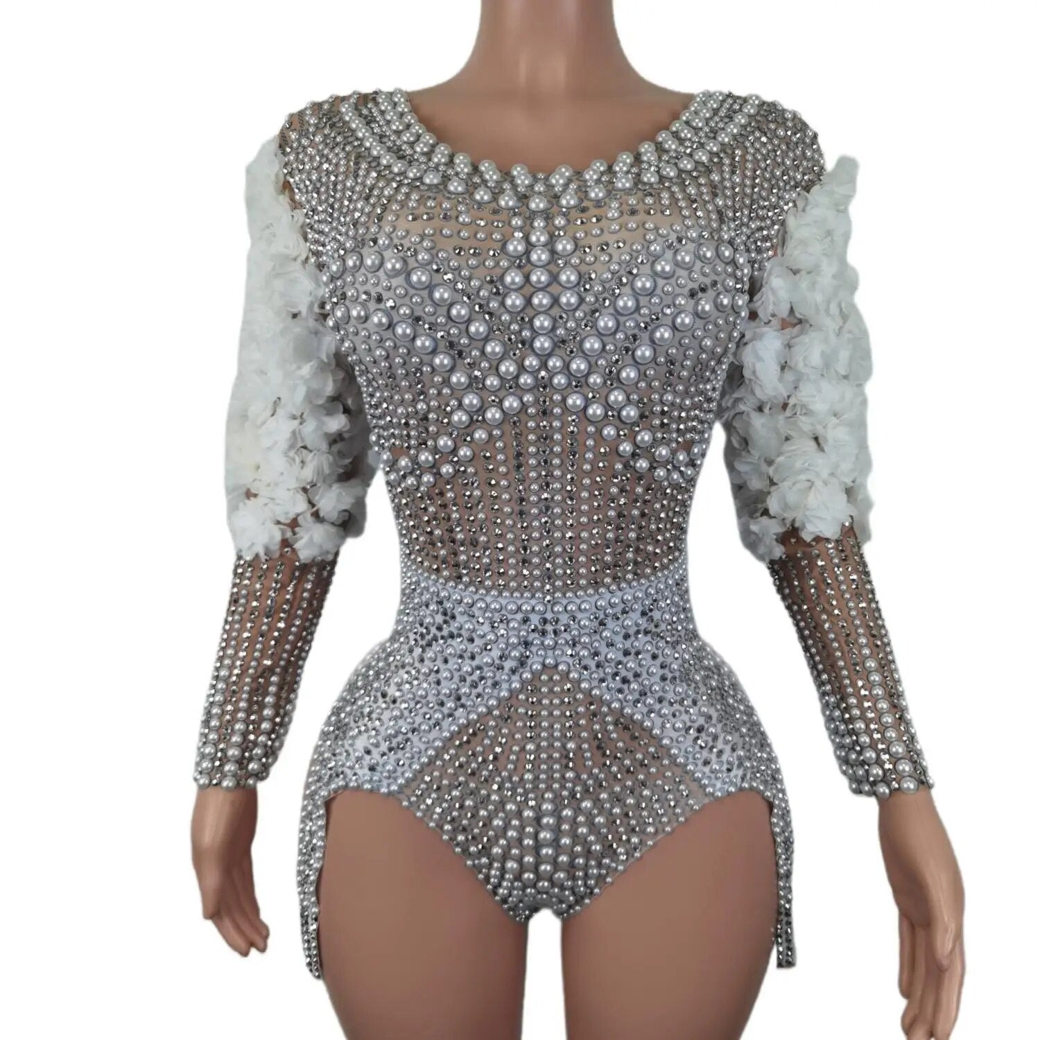 Women Sexy White Pearls Bodysuit Sprakling Crystals Flowers Sleeve Nightclub Party Dancer Stage Wear Bling Costumes