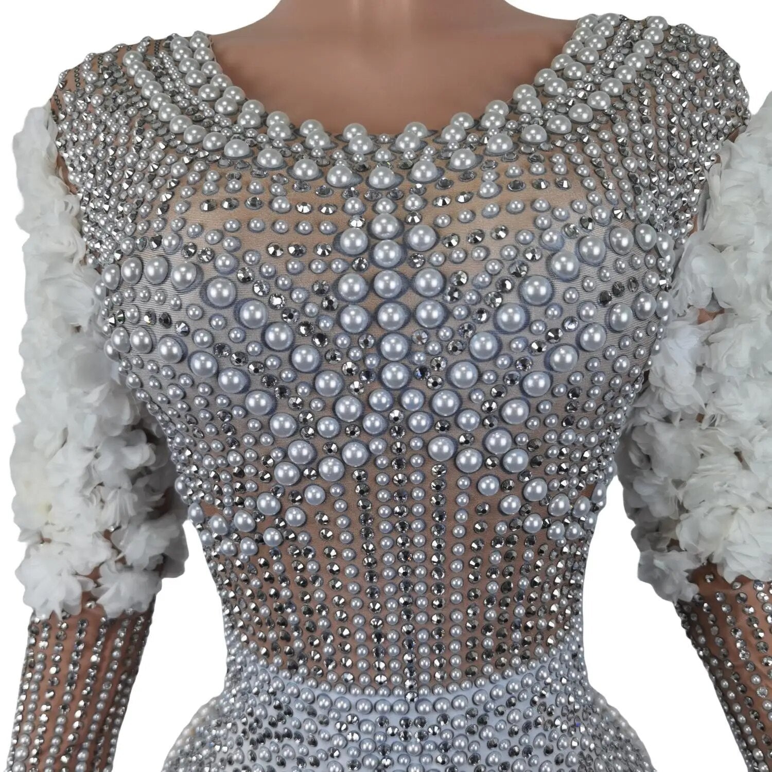 Women Sexy White Pearls Bodysuit Sprakling Crystals Flowers Sleeve Nightclub Party Dancer Stage Wear Bling Costumes