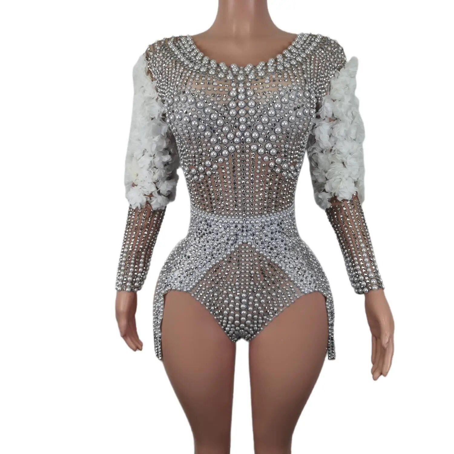 Women Sexy White Pearls Bodysuit Sprakling Crystals Flowers Sleeve Nightclub Party Dancer Stage Wear Bling Costumes 