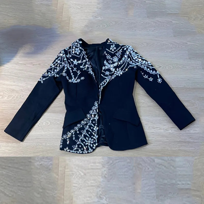 Women Singer Party Dress Sexy Black Rhinestones Dress Coat Evening Dresses Stage Festival Outfit Celebrate Costumes 