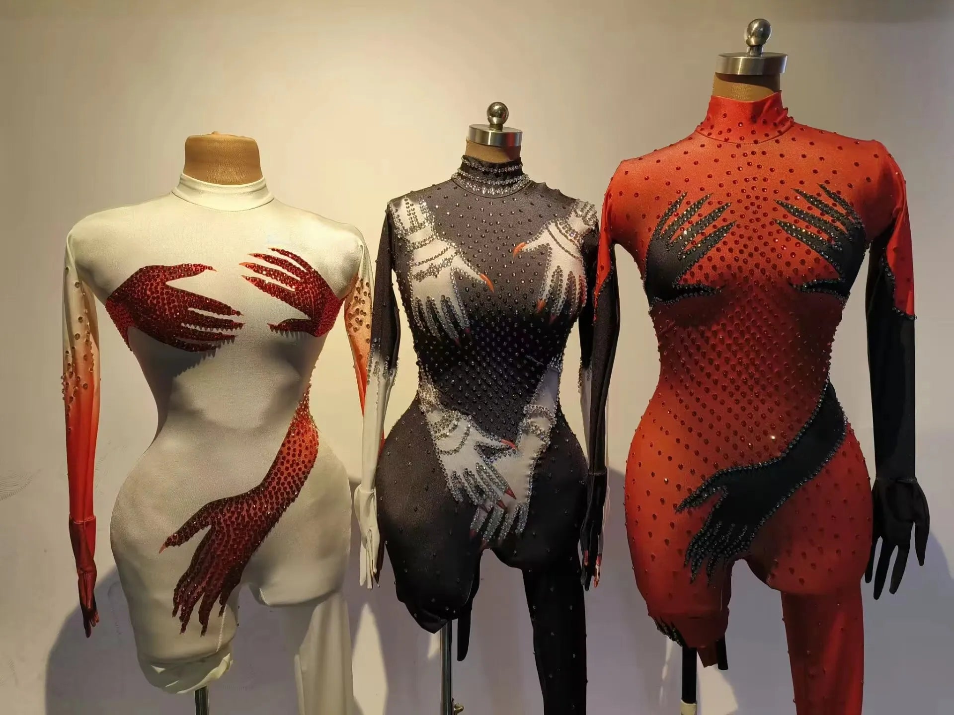 Women Sparkly Rhinestones Stretchy Jumpsuit Long Sleeves Gloves Tights Performance Dance Costume Singer Show Stage Wear Bazhang