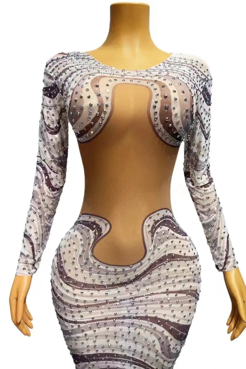 Women Sparkly Silver Rhinestones Zebra Dress Sexy Stretch Costume Birthday Wedding Nightclub Celebrate Photography Outfit