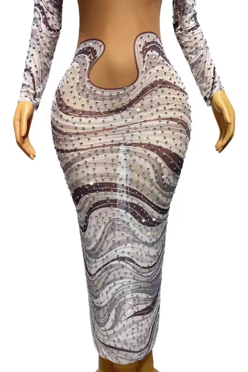 Women Sparkly Silver Rhinestones Zebra Dress Sexy Stretch Costume Birthday Wedding Nightclub Celebrate Photography Outfit