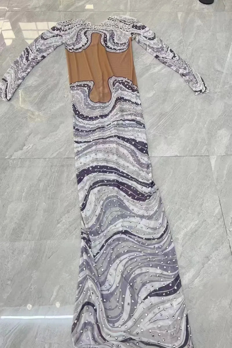 Women Sparkly Silver Rhinestones Zebra Dress Sexy Stretch Costume Birthday Wedding Nightclub Celebrate Photography Outfit