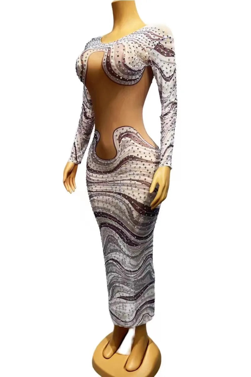 Women Sparkly Silver Rhinestones Zebra Dress Sexy Stretch Costume Birthday Wedding Nightclub Celebrate Photography Outfit