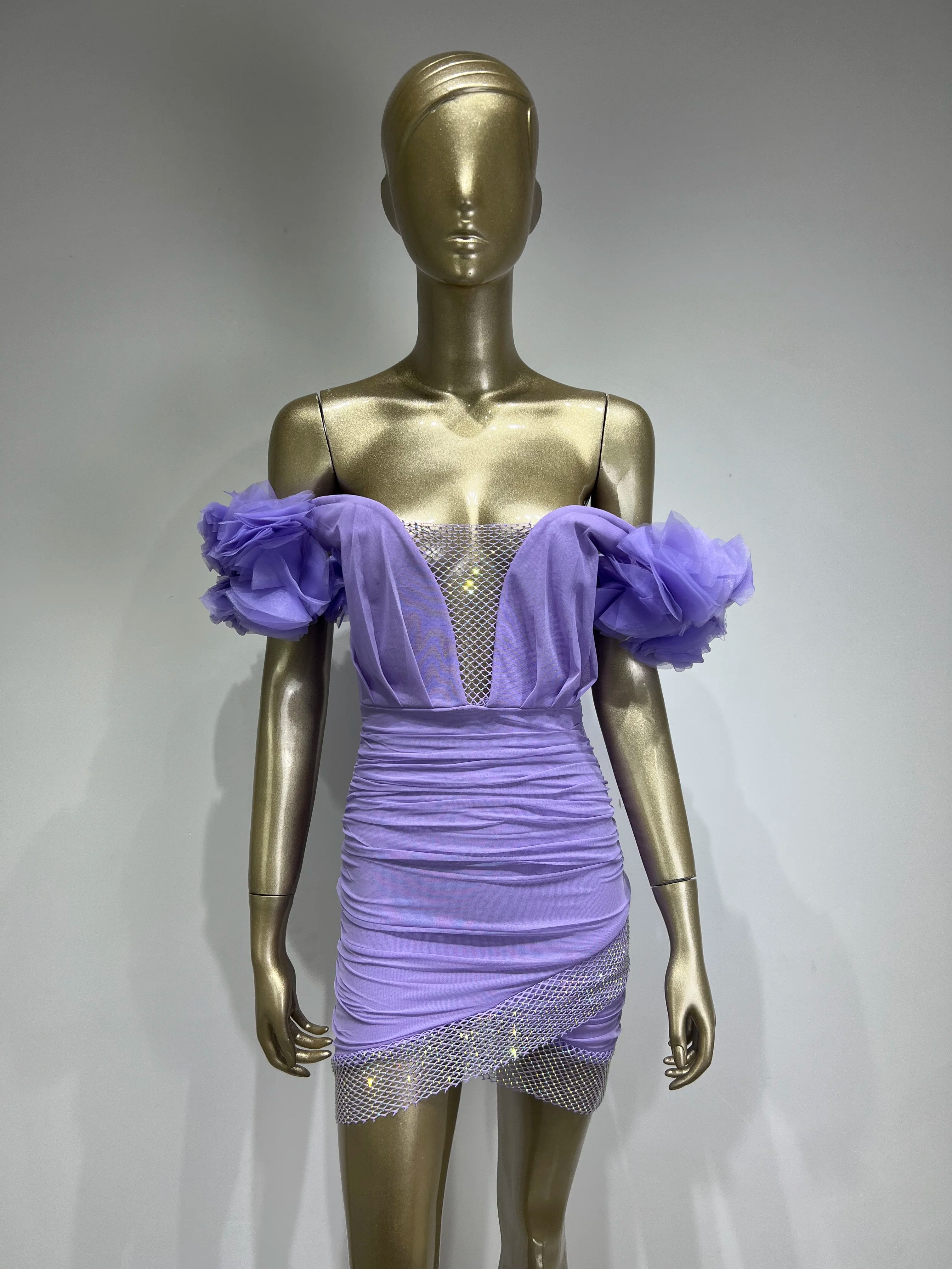 Women Spring Sexy Off Shoulder Ruffles Mesh Crystal Diamonds Black Mini Bodycon Bandage Dress Elegant Evening Party Dress