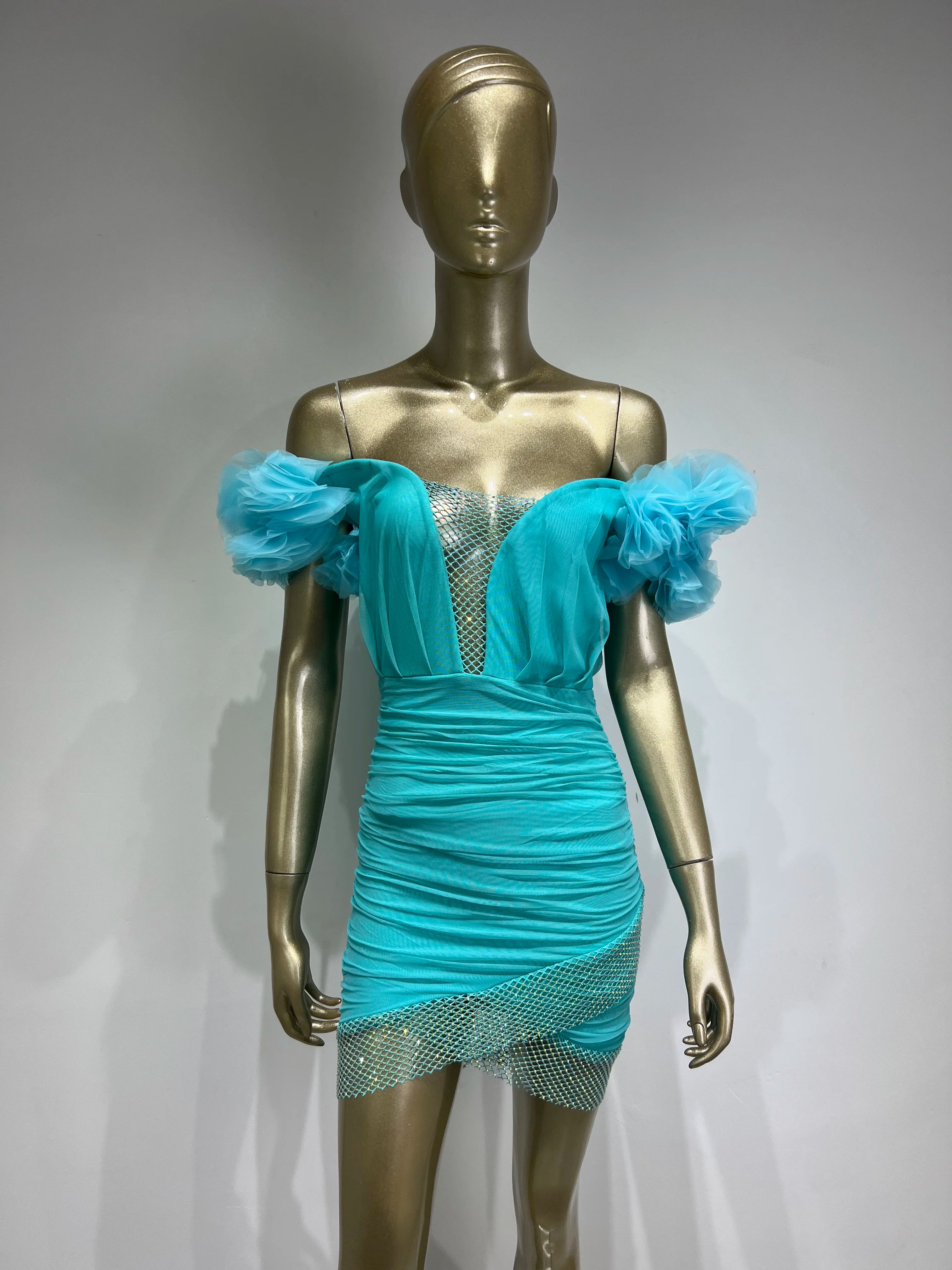 Women Spring Sexy Off Shoulder Ruffles Mesh Crystal Diamonds Black Mini Bodycon Bandage Dress Elegant Evening Party Dress