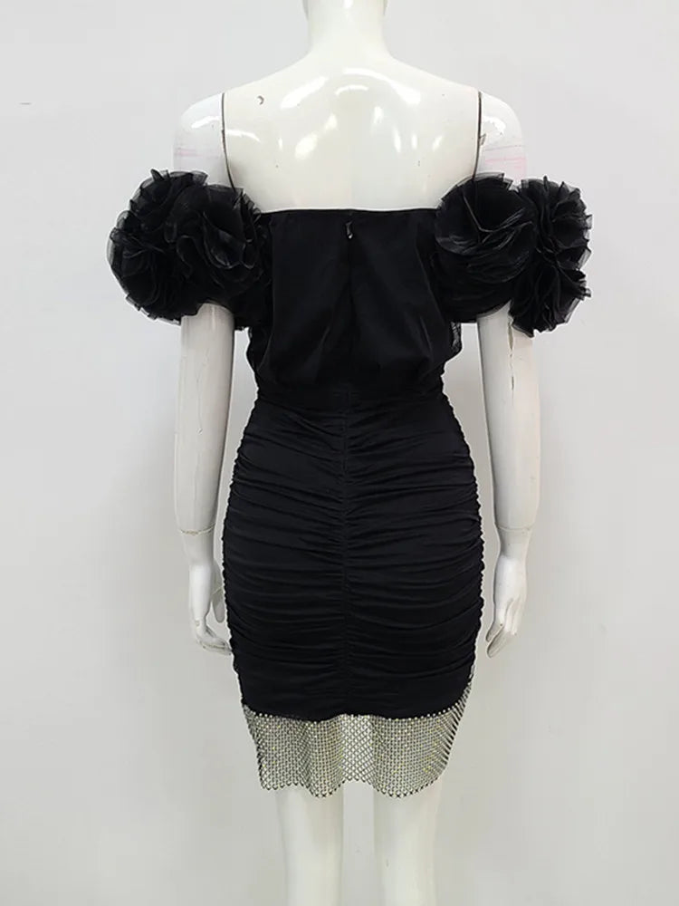 Women Spring Sexy Off Shoulder Ruffles Mesh Crystal Diamonds Black Mini Bodycon Bandage Dress Elegant Evening Party Dress