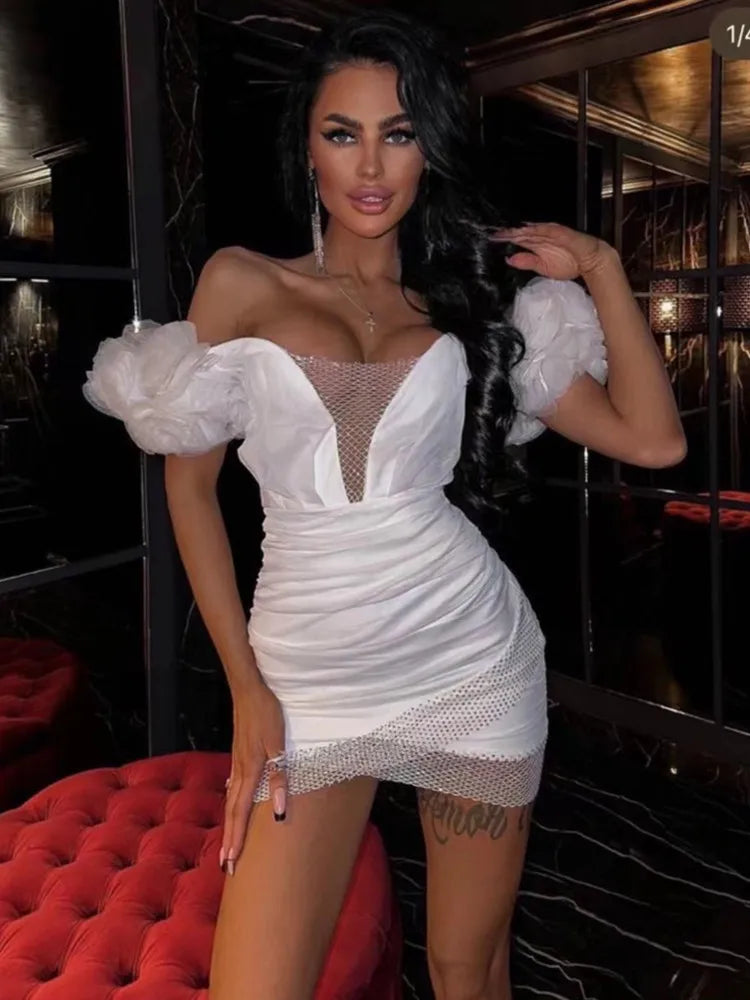 Women Spring Sexy Off Shoulder Ruffles Mesh Crystal Diamonds Black Mini Bodycon Bandage Dress Elegant Evening Party Dress