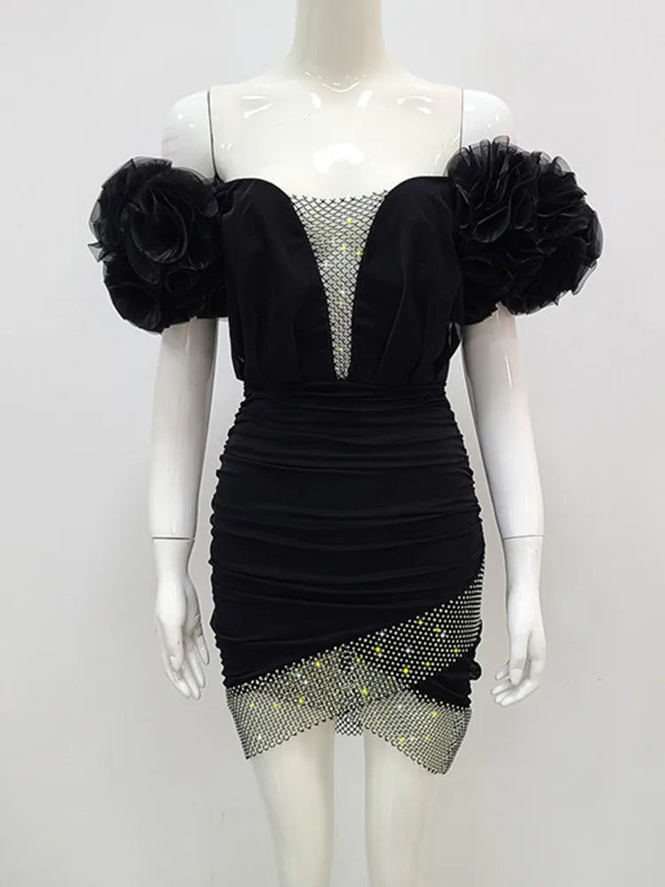 Women Spring Sexy Off Shoulder Ruffles Mesh Crystal Diamonds Black Mini Bodycon Bandage Dress Elegant Evening Party Dress