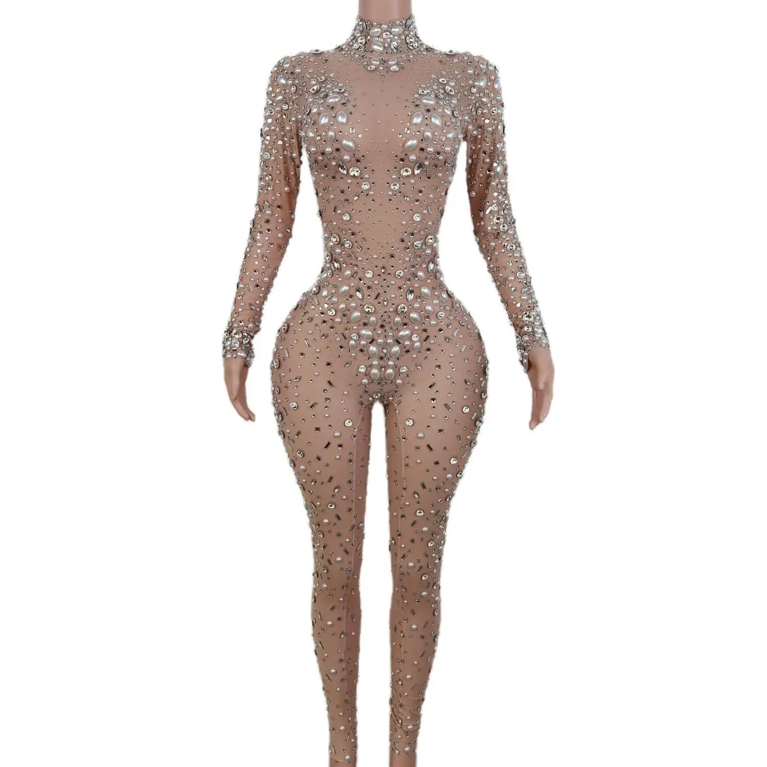 Women Stage Big Pearls Rhinestones Stretchy Transparent Jumpsuit Evening Birthday Celebrate Outfit Sexy Dancer Bodysuit