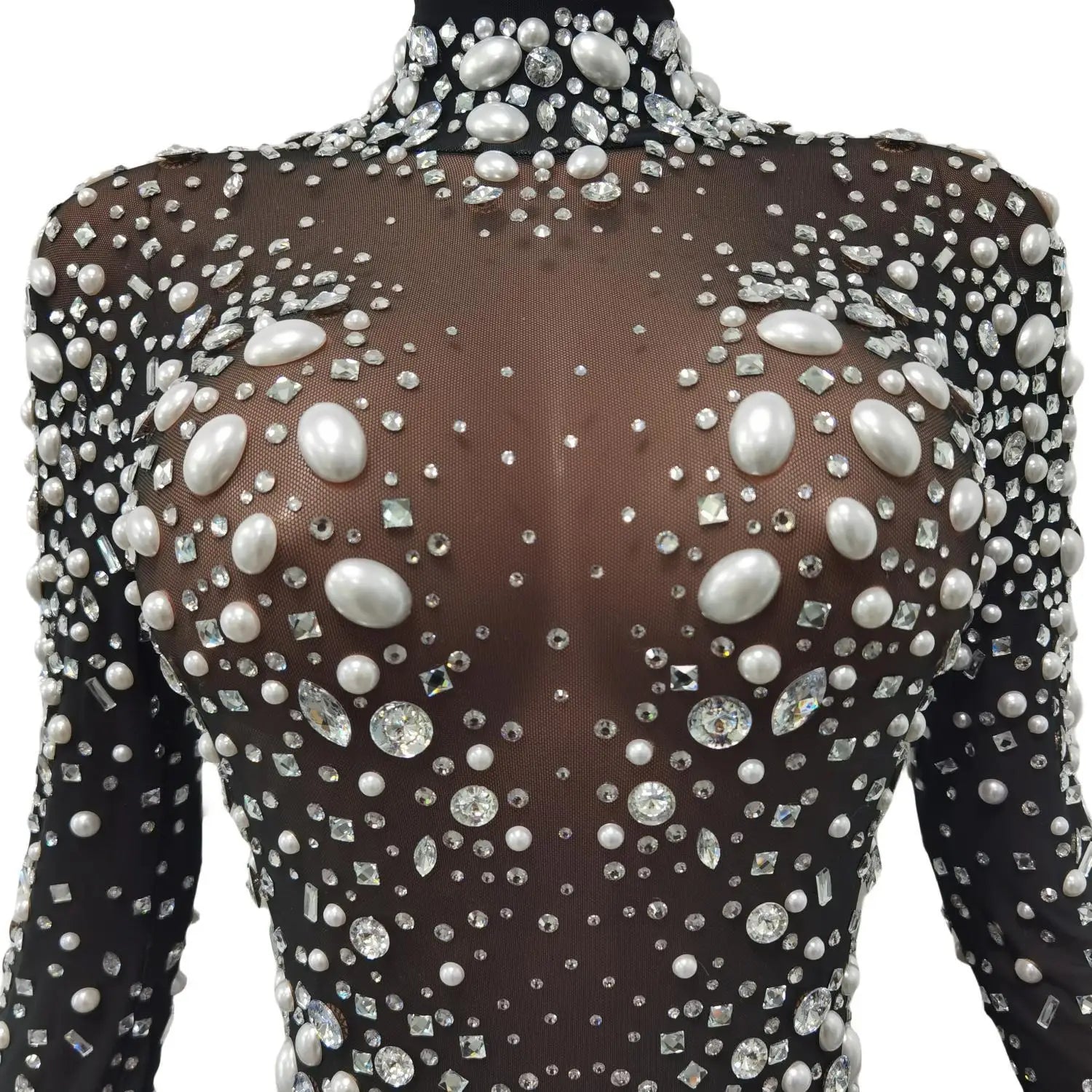 Women Stage Big Pearls Rhinestones Stretchy Transparent Jumpsuit Evening Birthday Celebrate Outfit Sexy Dancer Bodysuit