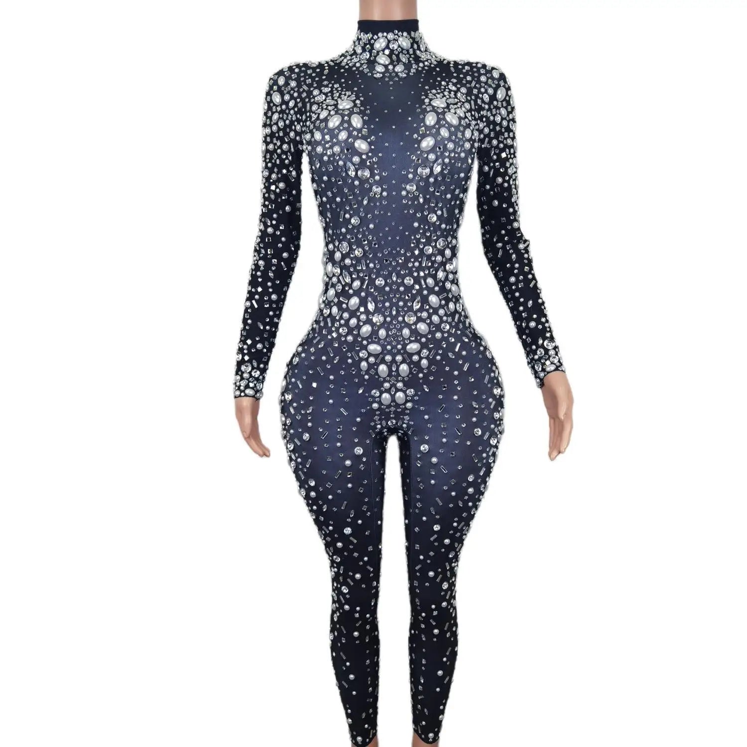 Women Stage Big Pearls Rhinestones Stretchy Transparent Jumpsuit Evening Birthday Celebrate Outfit Sexy Dancer Bodysuit