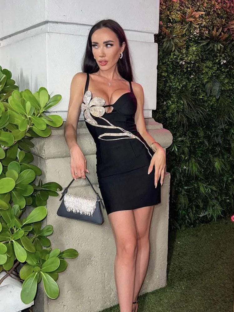 Women Sexy Sleeveless Backless Diamonds Crystal Black Mini Bodycon Bandage Dress Elegant Evening Club Party Dress