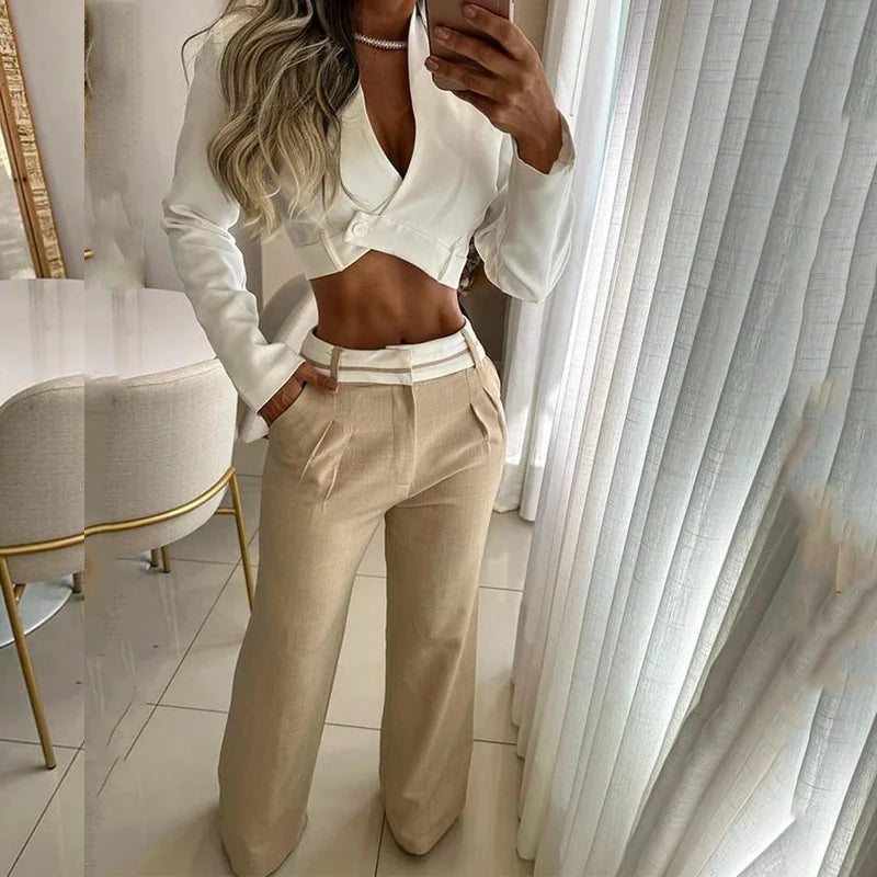 Women Two Piece Set Fashion Solid Long Sleeve Lapel V Neck High Single Button Short Top Loose With Pockets Pants Sets