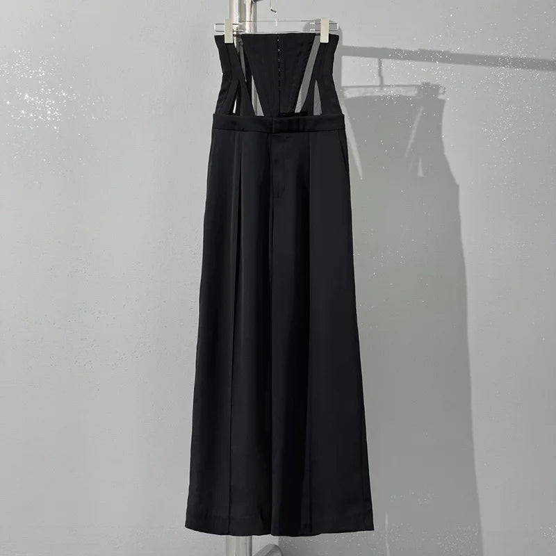 Women's 2 Piece Sets Long Sleeve Fishbone Mesh Waist Suit Jacket Loose Wide-Leg Pants High Quality Runway Fashion