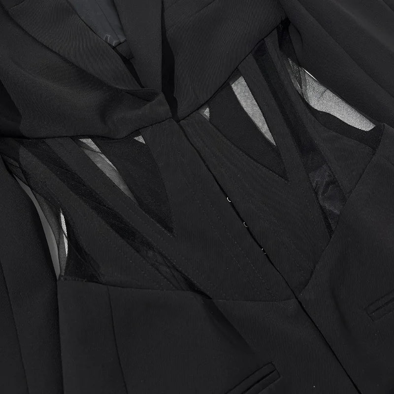 Women's 2 Piece Sets Long Sleeve Fishbone Mesh Waist Suit Jacket Loose Wide-Leg Pants High Quality Runway Fashion