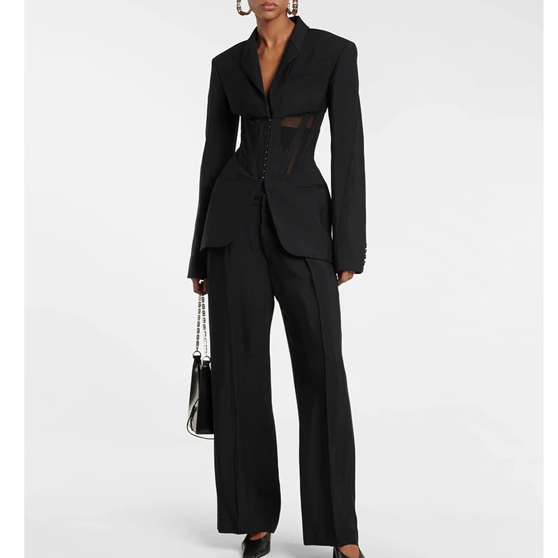 Women's 2 Piece Sets Long Sleeve Fishbone Mesh Waist Suit Jacket Loose Wide-Leg Pants High Quality Runway Fashion