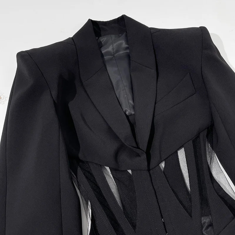 Women's 2 Piece Sets Long Sleeve Fishbone Mesh Waist Suit Jacket Loose Wide-Leg Pants High Quality Runway Fashion