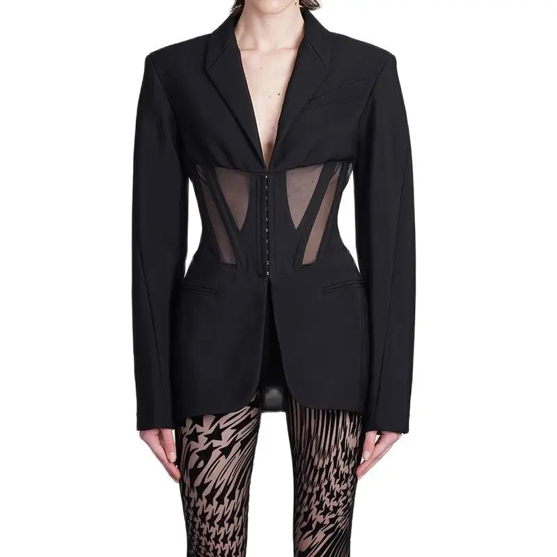 Women's 2 Piece Sets Long Sleeve Fishbone Mesh Waist Suit Jacket Loose Wide-Leg Pants High Quality Runway Fashion