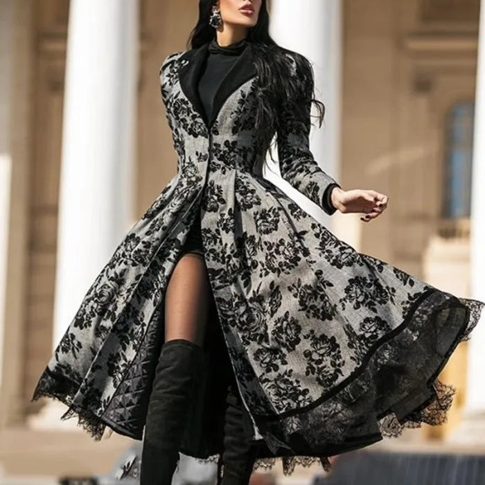 Women's Dress Autumn Winter Lady Coat Long Sleeve Medieval Lace Stitching A-line Elegant Long Black Grey Cosplay Fancy Dresses