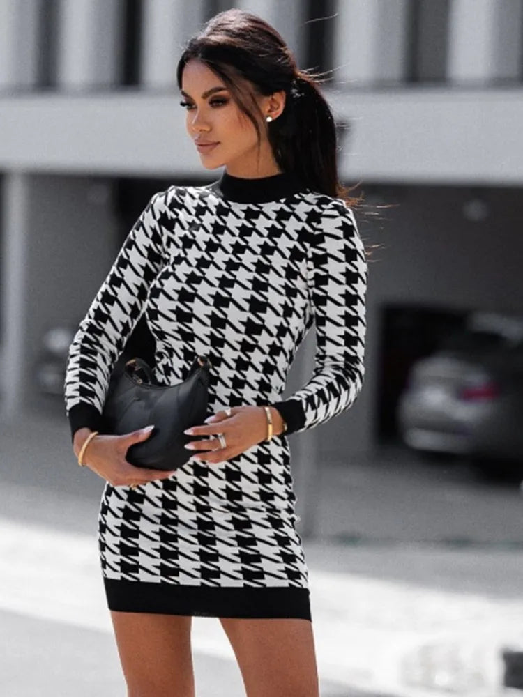 Women's Fashion Houndstooth Print Bodycon Mini Dress Autumn Winter O-neck Long Sleeve Skinny Package Hip Casual Party Dresses