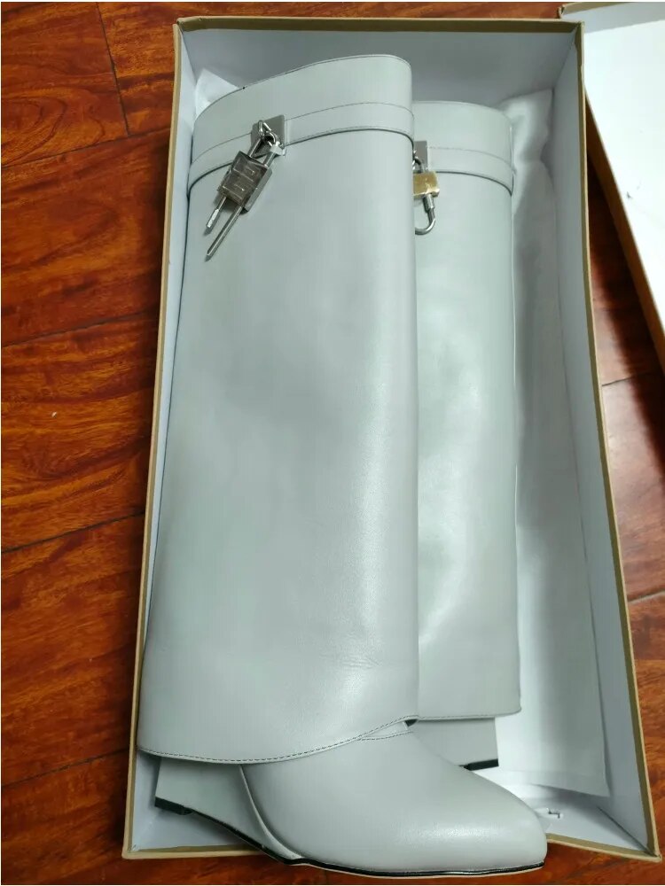 Women's New Knee High Boots Shark Lock Long Thick Soled High-heeled Boots Designer Luxury Brand Women's Leather Boots