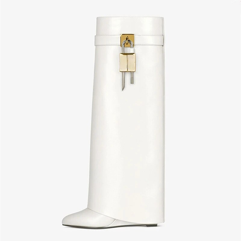 Women's New Knee High Boots Shark Lock Long Thick Soled High-heeled Boots Designer Luxury Brand Women's Leather Boots