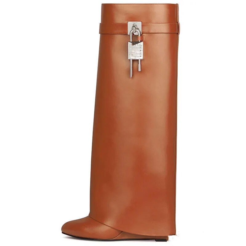 Women's New Knee High Boots Shark Lock Long Thick Soled High-heeled Boots Designer Luxury Brand Women's Leather Boots