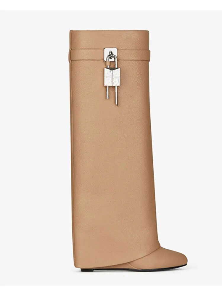 Women's New Knee High Boots Shark Lock Long Thick Soled High-heeled Boots Designer Luxury Brand Women's Leather Boots