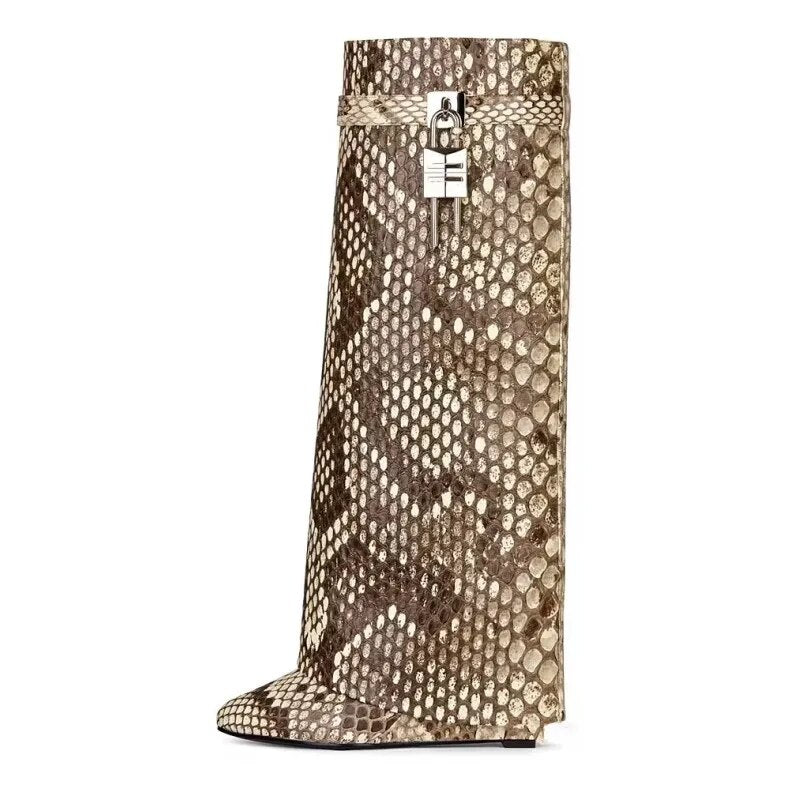 Women's New Knee High Boots Shark Lock Long Thick Soled High-heeled Boots Designer Luxury Brand Women's Leather Boots